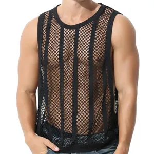Vue de détail débardeur résille maille noir homme sans manches t-shirt musculation fitness.
