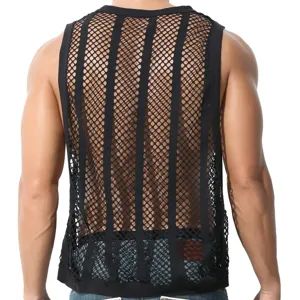 Débardeur résille noir pour homme, gilet sans manches respirant et ajouré pour loisir et fitness.