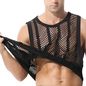 Debardeur homme noir en maille elastique, gilet muscle respirant pour sport et loisir.