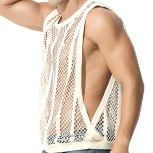 Débardeur sexy en maille pour hommes, design creux respirant pour fitness musculaire décontracté.