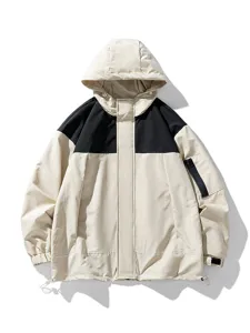 Giacca con Cappuccio a Blocco di Colore da Uomo Autunno Inverno Antivento Impermeabile Sport Outdoor Cappotto