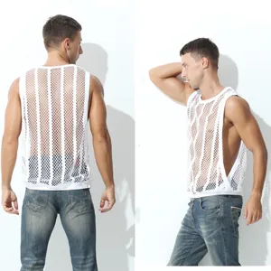 Hommes blanc maille creux sans manches debardeur casual sport mode ete gilet haut style.