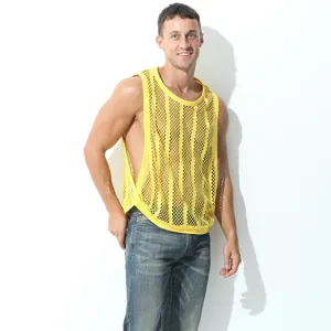 Debardeur sexy creux en maille jaune pour homme, gilet musculation sans manches respirant ete.