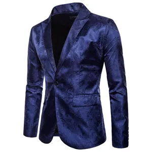 Blazer de hombre azul oscuro slim fit con elegante diseño de patrón jacquard para ocasiones.