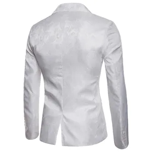 Vista trasera de la chaqueta blazer ajustada blanca para hombre con elegante patrón jacquard.