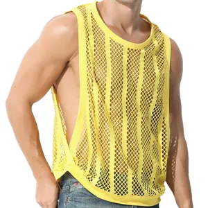 Débardeur en résille jaune pour homme, t-shirt sans manches respirant pour fitness et sport.