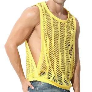 Vue détaillée du débardeur en filet jaune pour homme, t-shirt sans manches respirant.