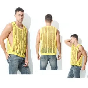 Débardeur en résille creuse pour homme, gilet sans manches sexy jaune pour sport été clubwear mode.