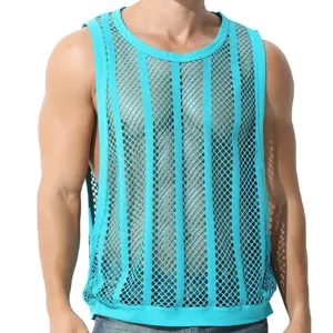 Débardeur en résille bleue pour homme, maillot de corps sans manches respirant et sexy.