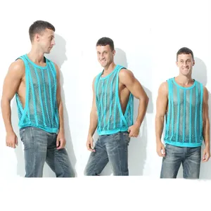 Débardeur en résille pour hommes décontracté respirant sans manches fitness gym t-shirt bleu