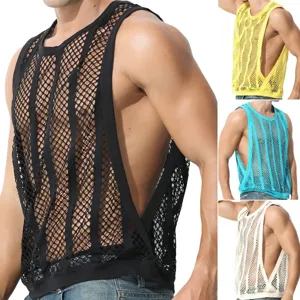 Débardeur Homme Sexy en Résille Ajourée Été Casual Coupe Slim Sans Manches Gilet Musculaire Sport Entraînement Salle