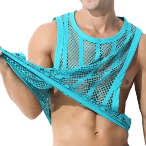 Débardeur en résille bleue pour homme, maillot de sport sans manches respirant pour fitness.