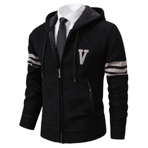 Men fall winter hooded knit cardigan sweater detail, front zipper, letter V patch and stripe sleeves.