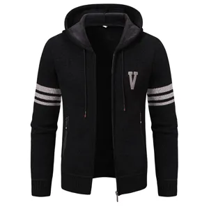 Men's Winter Hooded Knit Cardigan Sweater Casual Striped Zip Up Thermal Outerwear