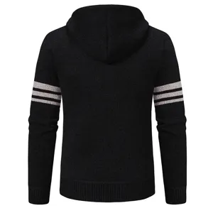 Men winter knitted hooded cardigan jacket black with striped sleeves casual outerwear
