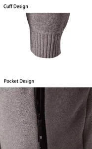 Men knit cardigan sweater detail view showing ribbed cuffs and zipper pocket design features.