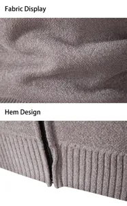 Detailed view of men's knit cardigan fabric and ribbed zipper hem texture, autumn style.