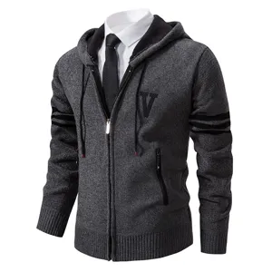 Men autumn winter knitted zip hoodie cardigan jacket casual slim fit stylish outerwear main view