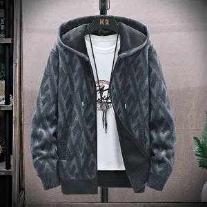 Mens winter thick warm knitted cardigan jacket, fleece lined casual hooded zip outerwear.