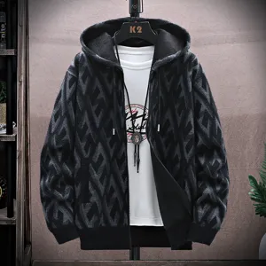 Men's winter fleece-lined thick knitted hooded cardigan jacket with stylish geometric pattern.