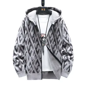 Mens winter warm fleece-lined knitted cardigan jacket featuring cozy hood and full zip.