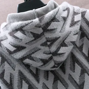 Men's winter thick fleece knitted hooded cardigan jacket with stylish geometric pattern.