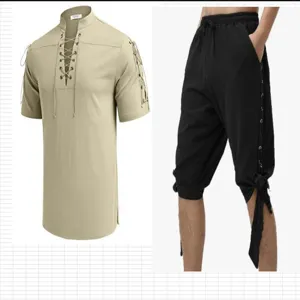Men casual linen short sleeve shirt beach mandarin collar solid color two piece outfit