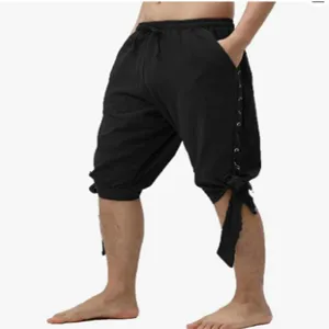 Men black casual shorts detail showcasing side lace-up strap and elastic drawstring waist.