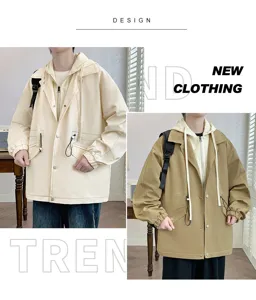 Men's autumn casual loose fake two-piece hooded jacket with lapel and drawstring details.