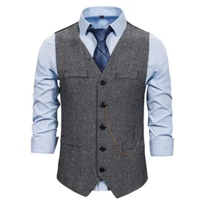Herren grau Fischgrät Tweed Weste Detail mit Kette, klassische einreihige Anzugweste.