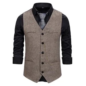 Herren Fischgräten Tweed Anzugweste einreihig mit Hemd, vintage Business Freizeit Look.