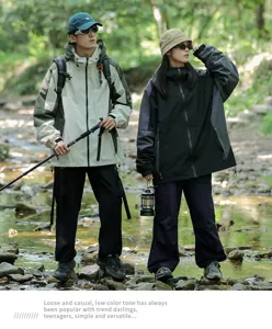 Detail view of couple softshell windbreaker jackets in a natural stream outdoor setting.