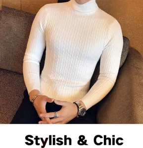 Men white cable knit turtleneck sweater, slim fit long sleeve thermal base layer top.