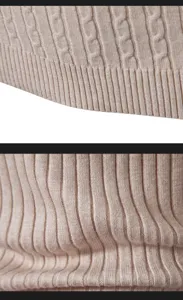 Close-up detail of mens knit sweater showing soft cable knit texture and ribbed hem design.