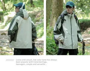 Outdoor hiking windbreaker detail shot, color-blocked design, comfortable and windproof.