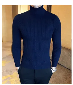 Men's dark blue turtleneck cable knit sweater slim fit casual autumn winter thermal base top