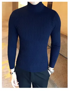 Men's stylish cable knit turtleneck sweater in deep blue, slim fit basic winter thermal top.