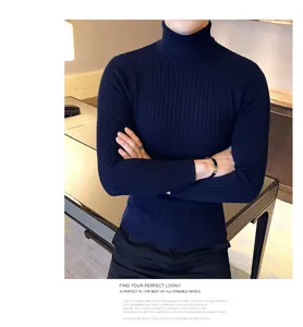 Men's dark blue turtleneck cable-knit sweater close-up showing fine knitted texture.