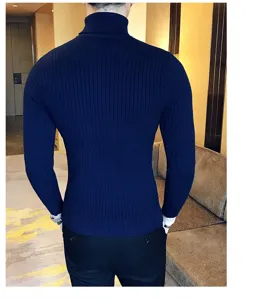 Detailed view of men's ribbed turtleneck sweater in dark blue, back shot showcasing fit.