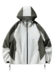 Men's colorblocked hooded windbreaker jacket, waterproof outdoor mountaineering sportswear.