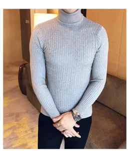 Close-up detail of men grey turtleneck cable knit sweater showcasing fine texture and slim fit.