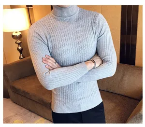 Mens grey cable knit turtleneck sweater, cozy winter slim fit pullover jumper detail.