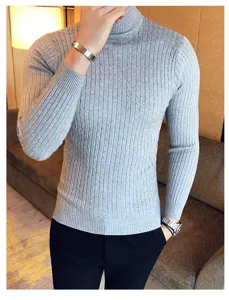 Men's grey turtleneck cable knit sweater detail view, slim fit long sleeve winter knitwear base.