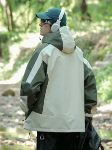 Men Colorblock Windbreaker Softshell Jacket Waterproof Outdoor Hiking Retro Athletic Coat