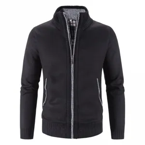 Men's Warm Black Stand Collar Fleece Lined Knit Zip Cardigan Winter Jacket Tops