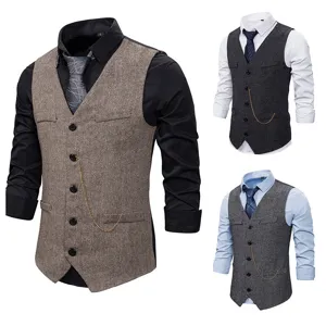 Herren Vintage Fischgräten Weste Einreihig V-Ausschnitt Business Casual Anzugweste Polyester Baumwollmischung Top