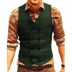 Detail shot of the men's dark green herringbone tweed double-breasted vest and classic V-neck.