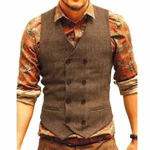Men's vintage brown herringbone double-breasted casual vest classic waistcoat detail view