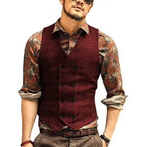 Men's casual herringbone wool blend double breasted suit vest waistcoat for business daily.