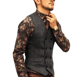 Men's vintage herringbone double-breasted vest paired with stylish floral long sleeve shirt.
